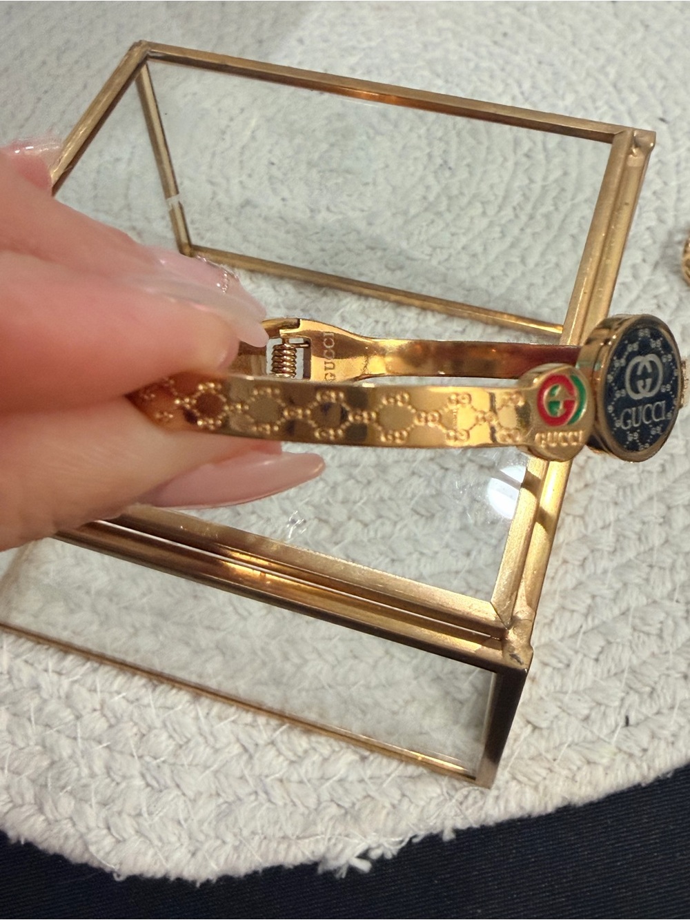 Gold Toned Stainless Steel Bangle Bracelet with Black Medallion Accent | NEW - Picture 6 of 8